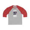 Boqvist 27 Columbus Hockey Union Blue Vertical Design Unisex Tri-Blend 3/4 Sleeve Raglan Baseball Shirt