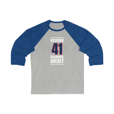 McKown 41 Columbus Hockey Union Blue Vertical Design Unisex Tri-Blend 3/4 Sleeve Raglan Baseball Shirt
