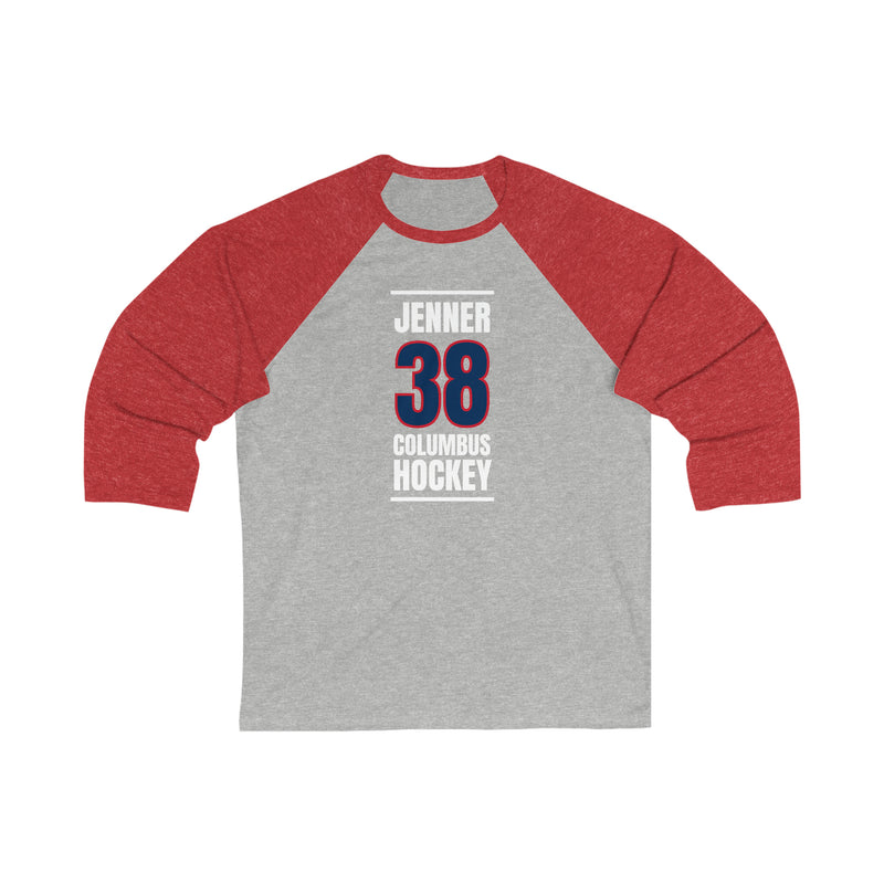 Jenner 38 Columbus Hockey Union Blue Vertical Design Unisex Tri-Blend 3/4 Sleeve Raglan Baseball Shirt