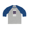 Johnson 91 Columbus Hockey Union Blue Vertical Design Unisex Tri-Blend 3/4 Sleeve Raglan Baseball Shirt