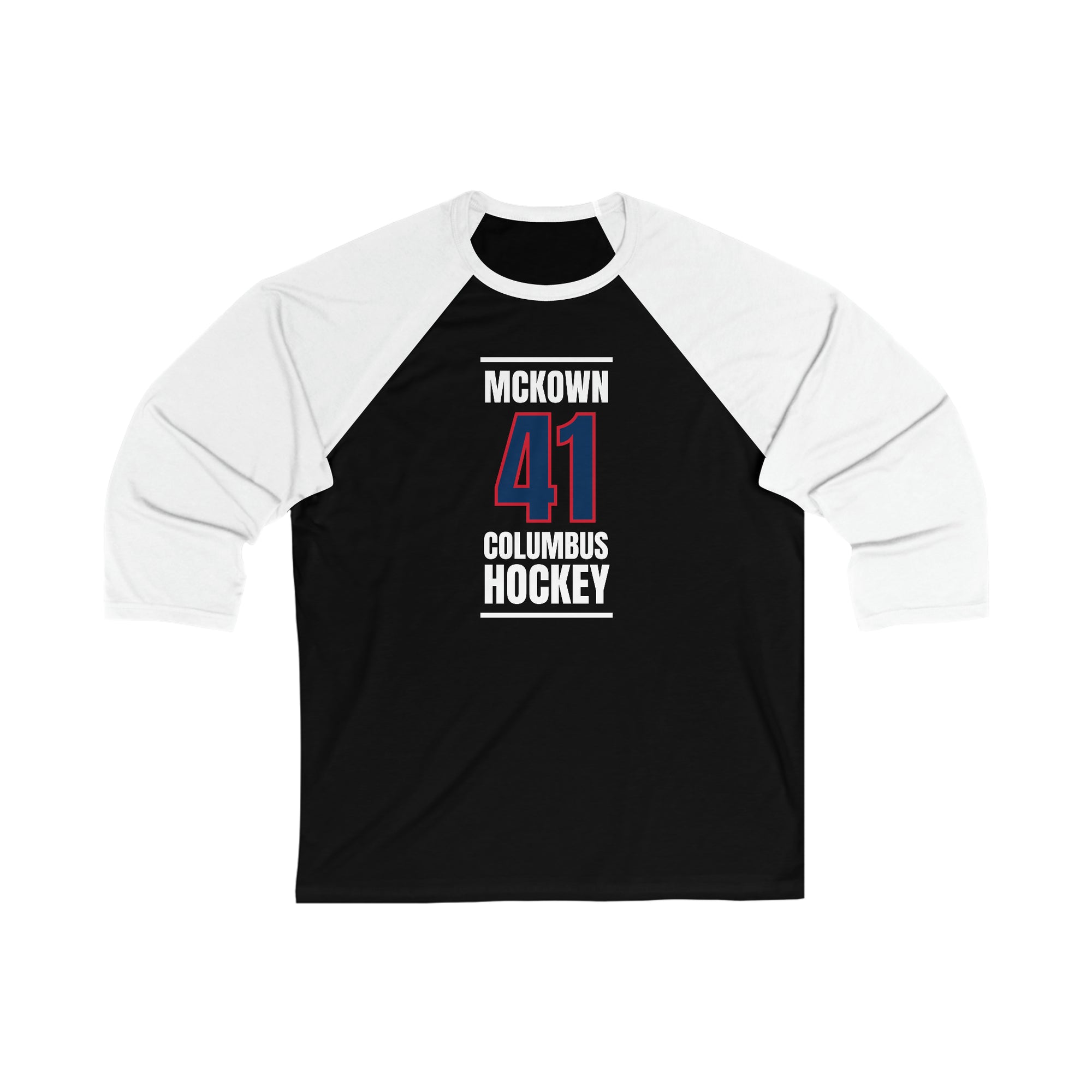 McKown 41 Columbus Hockey Union Blue Vertical Design Unisex Tri-Blend 3/4 Sleeve Raglan Baseball Shirt