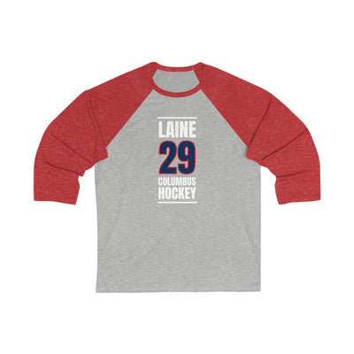 Laine 29 Columbus Hockey Union Blue Vertical Design Unisex Tri-Blend 3/4 Sleeve Raglan Baseball Shirt