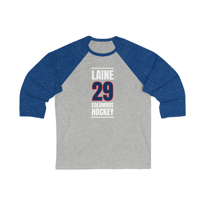 Laine 29 Columbus Hockey Union Blue Vertical Design Unisex Tri-Blend 3/4 Sleeve Raglan Baseball Shirt