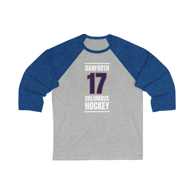Danforth 17 Columbus Hockey Union Blue Vertical Design Unisex Tri-Blend 3/4 Sleeve Raglan Baseball Shirt
