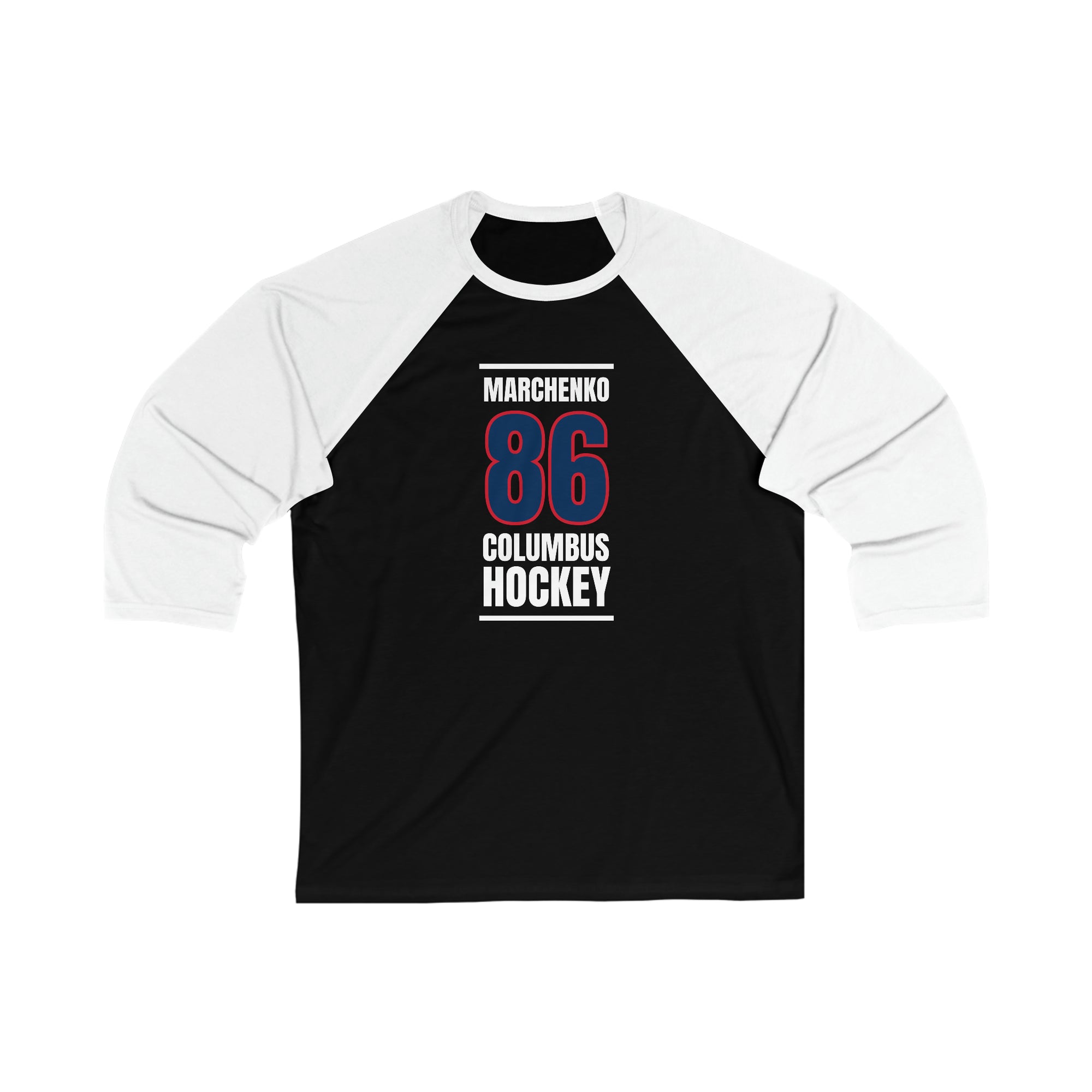 Marchenko 86 Columbus Hockey Union Blue Vertical Design Unisex Tri-Blend 3/4 Sleeve Raglan Baseball Shirt