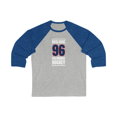 Roslovic 96 Columbus Hockey Union Blue Vertical Design Unisex Tri-Blend 3/4 Sleeve Raglan Baseball Shirt