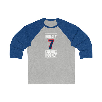 Kuraly 7 Columbus Hockey Union Blue Vertical Design Unisex Tri-Blend 3/4 Sleeve Raglan Baseball Shirt
