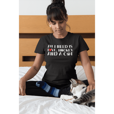"All I Need Is Love, Hockey And A Cat" Unisex Jersey Tee